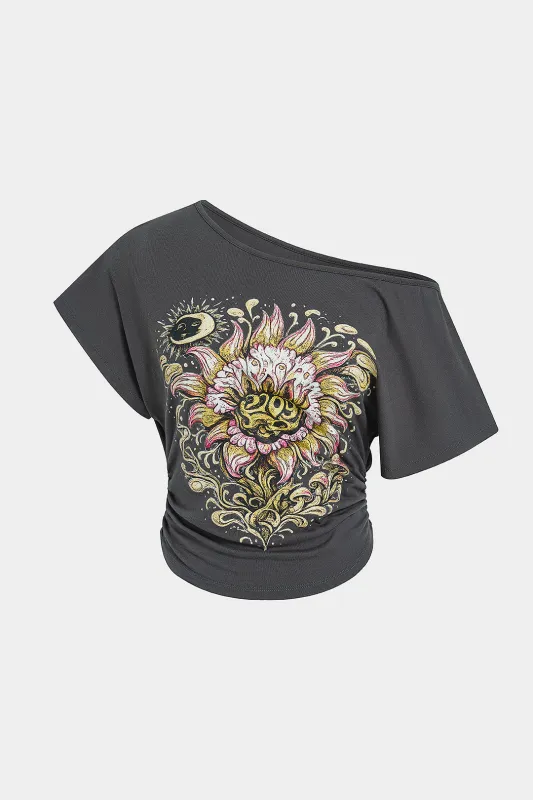 Floral Print One Shoulder Ruched Short Sleeve T-Shirt made by Micas
