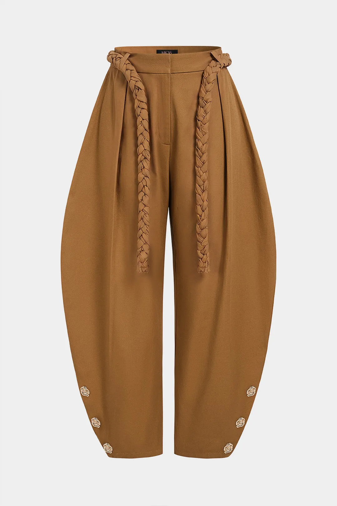 Floral Metallic Braided Belted Barrel Pants sold by Micas