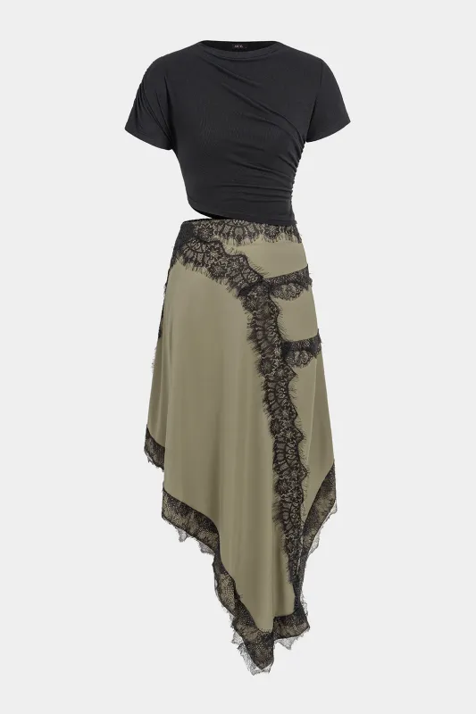 Lace Trim Asymmetrical Ruched Cut Out Short Sleeve Maxi Dress made by Micas