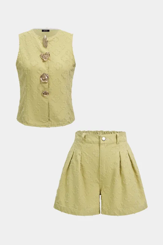 Textured Metallic Irregular Button Tank Top And High Waist Shorts Set made by Micas