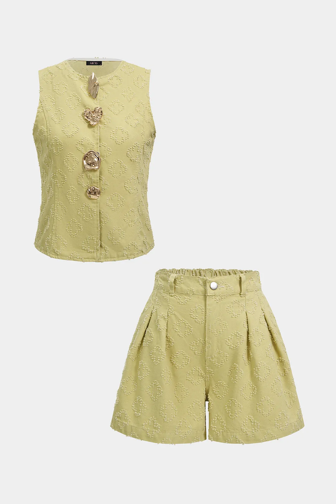 Textured Metallic Irregular Button Tank Top And High Waist Shorts Set sold by Micas