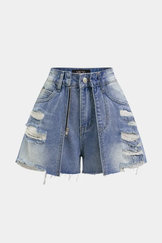Denim Frayed Zipper High Waist Shorts made by Micas