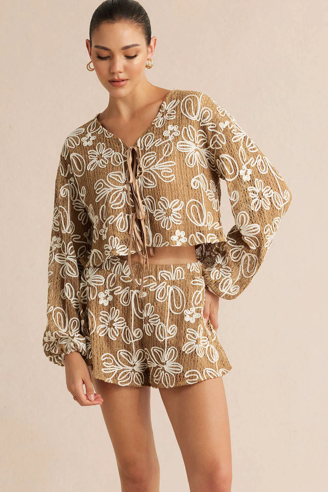 Jacquard V-Neck Tie-Up Long Sleeve Top And Shorts Set sold by Micas product image thumbnail 2