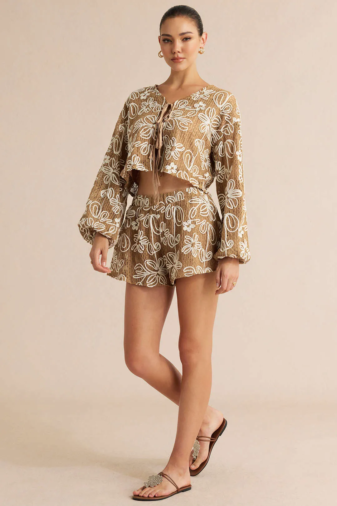 Jacquard V-Neck Tie-Up Long Sleeve Top And Shorts Set sold by Micas
