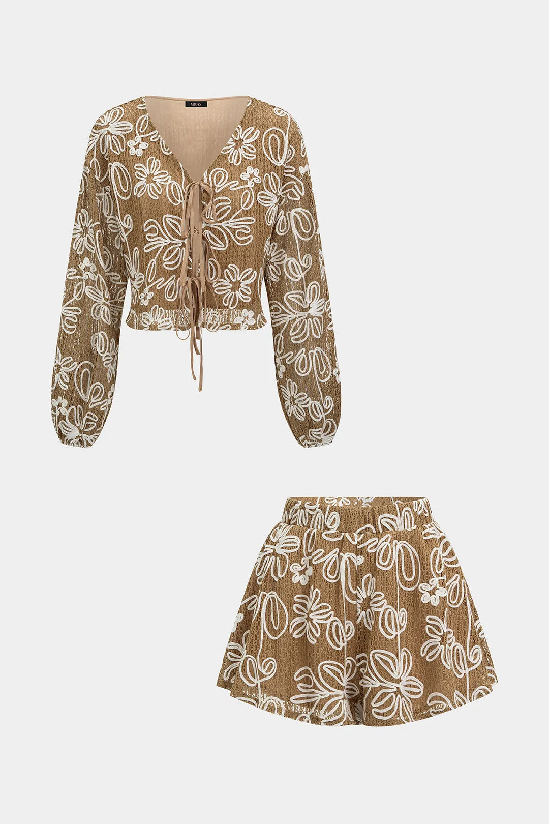 Jacquard V-Neck Tie-Up Long Sleeve Top And Shorts Set sold by Micas product image thumbnail 5