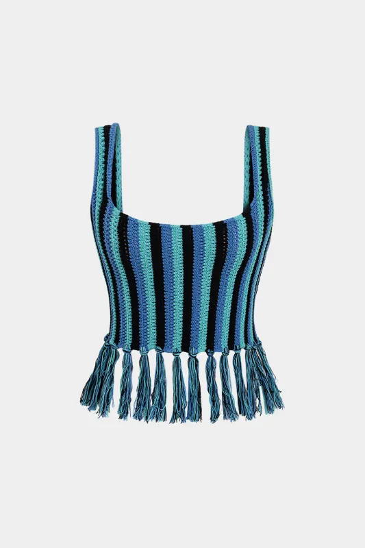 Knit Stripes Print Fringe Tank Top made by Micas