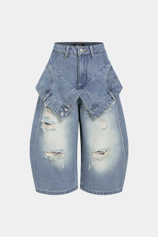 Denim Double Waistband High Waist Frayed Shorts made by Micas