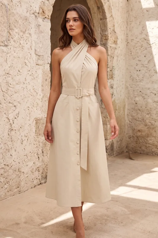 Crossed Halter Neck Belted Backless Sleeveless Midi Dress made by Micas