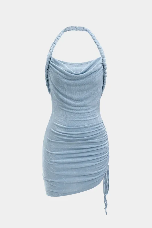 Halter Draped Cowl Neck Braided Drawstring Tie-Up Sleeveless Mini Dress made by Micas