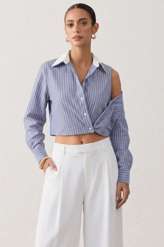 Stripes Print Lapel Button Asymmetrical Long-Sleeve Shirt made by Micas