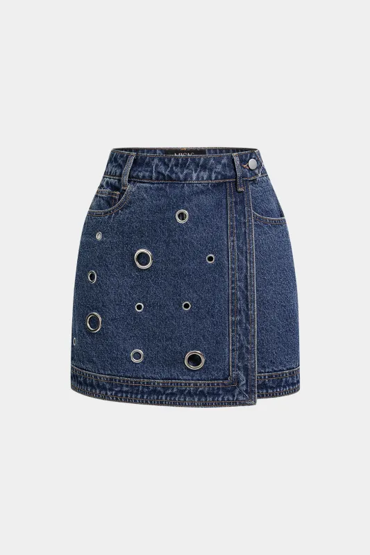 Denim Asymmetrical Eyelet Pocket High Waist Mini Skirt made by Micas
