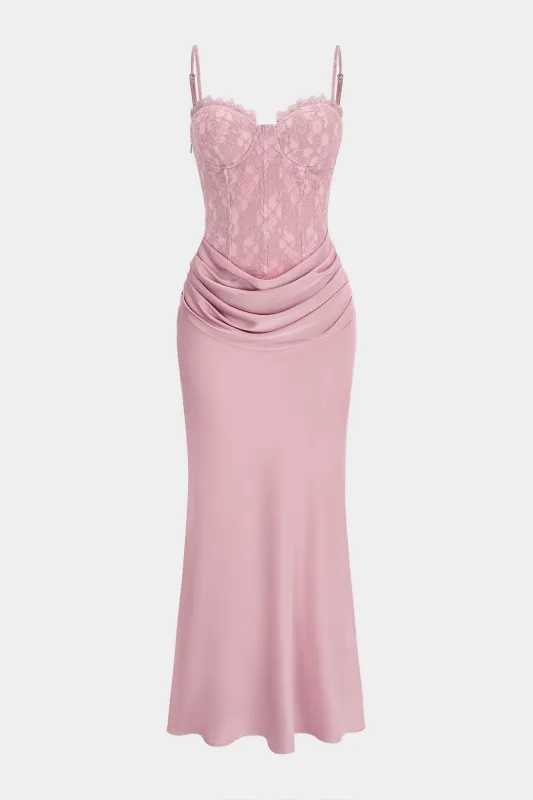 Lace Patchwork Ruched Slip Sleeveless Maxi Dress made by Micas