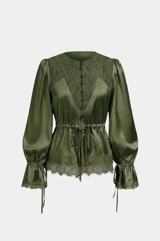 Lace Patchwork Satin Beaded Tie-Up Long-Sleeve Top made by Micas