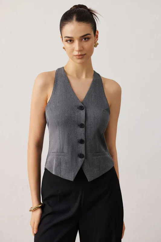 Lace Patchwork Halter V-Neck Vest made by Micas