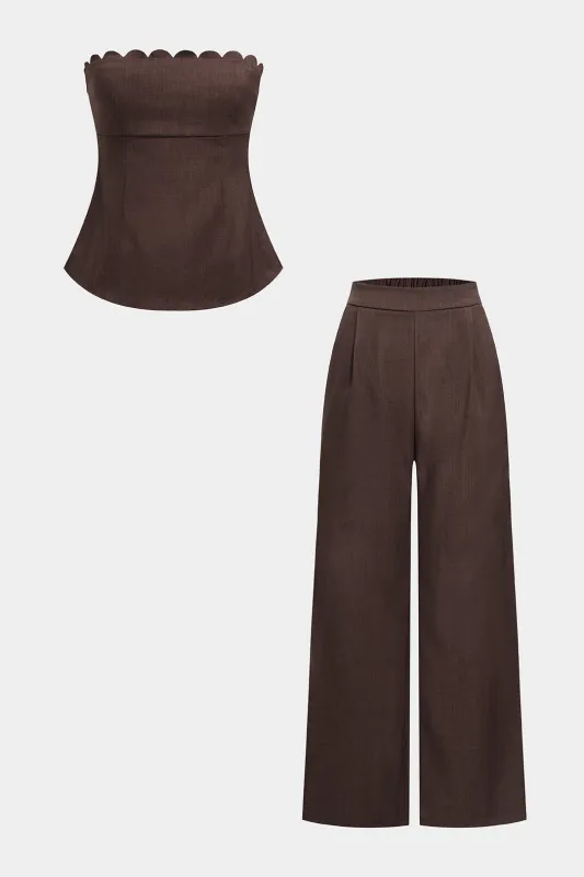 Solid Scalloped Edge Tube Top And Wide Leg Pants Set made by Micas