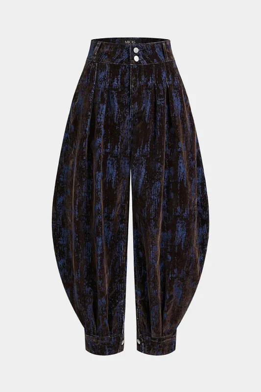 Denim Abstract Print Button Barrel Leg Jeans made by Micas