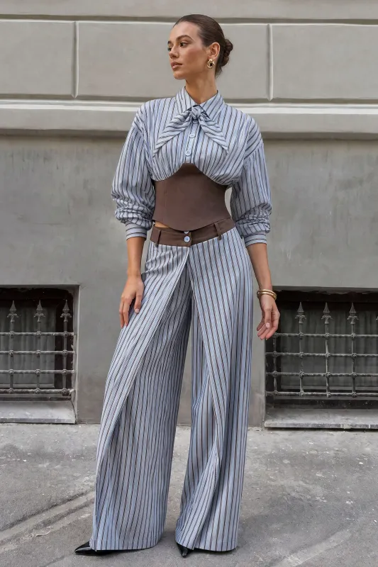 Contrast Stripes Print Tie-Up Long Sleeve Shirt made by Micas