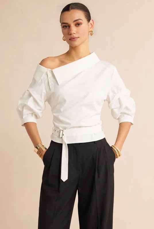 One Shoulder Belted Short-Sleeve Shirt made by Micas
