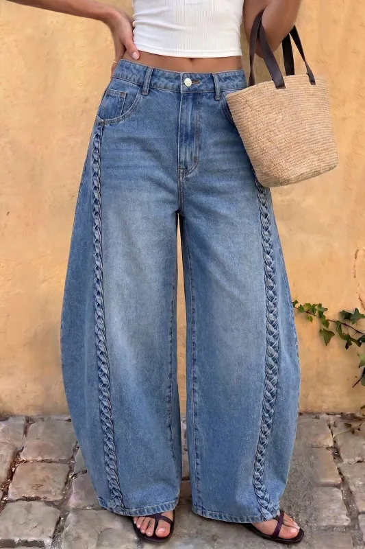 Denim Braided Pocket Zipper Barrel Jeans made by Micas