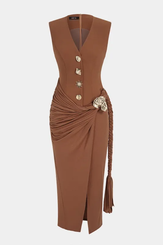 Patchwork Ruched Asymmetrical Braided Sleeveless Maxi Dress made by Micas