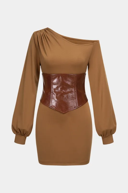 Faux Leather Patchwork One Shoulder Ruched Zipper Long Sleeve Mini Dress made by Micas