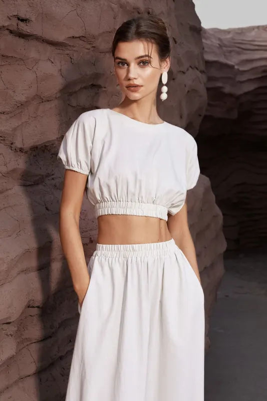 Linen-Blend Cuff Hem Crop Blouse sold by Micas