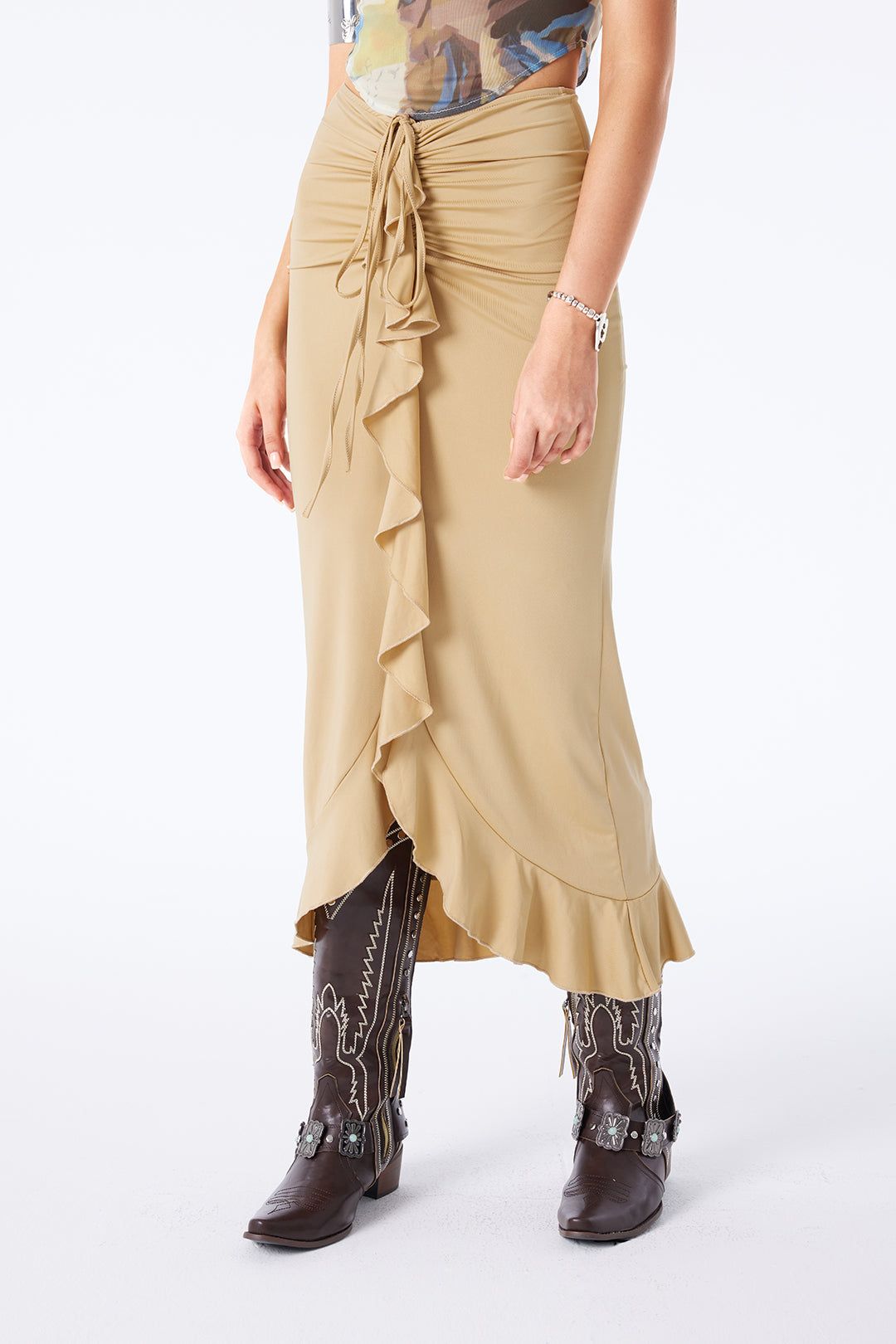 Ruched Drawstring Ruffle Midi Skirt sold by Micas