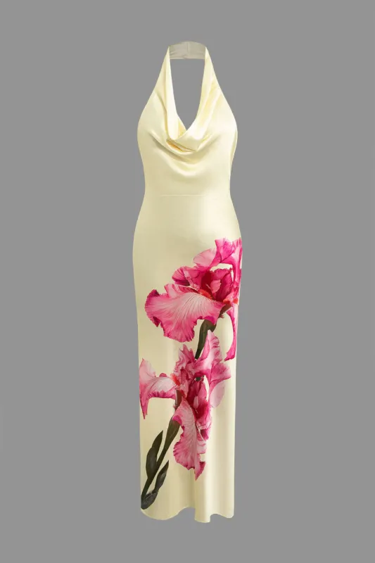 Floral Print Satin Cowl Neck Halter Backless Maxi Dress made by Micas