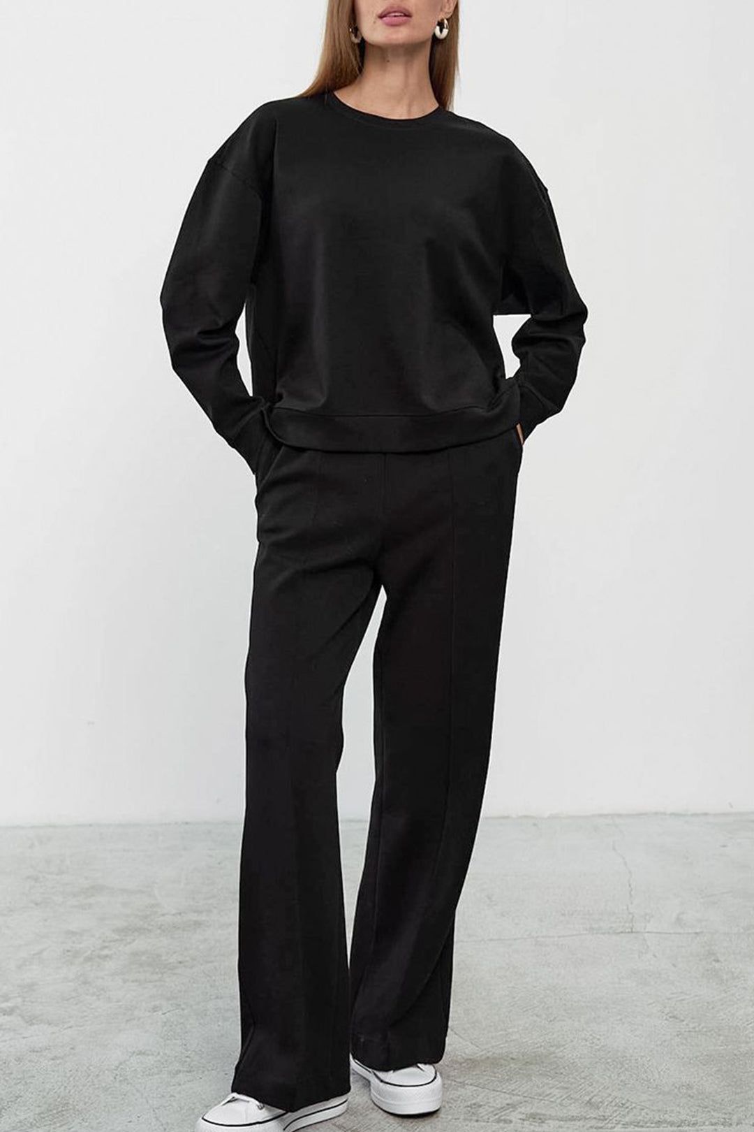Solid Round Neck Sweatshirt And Elastic Waist Straight Leg Pants Set sold by Micas