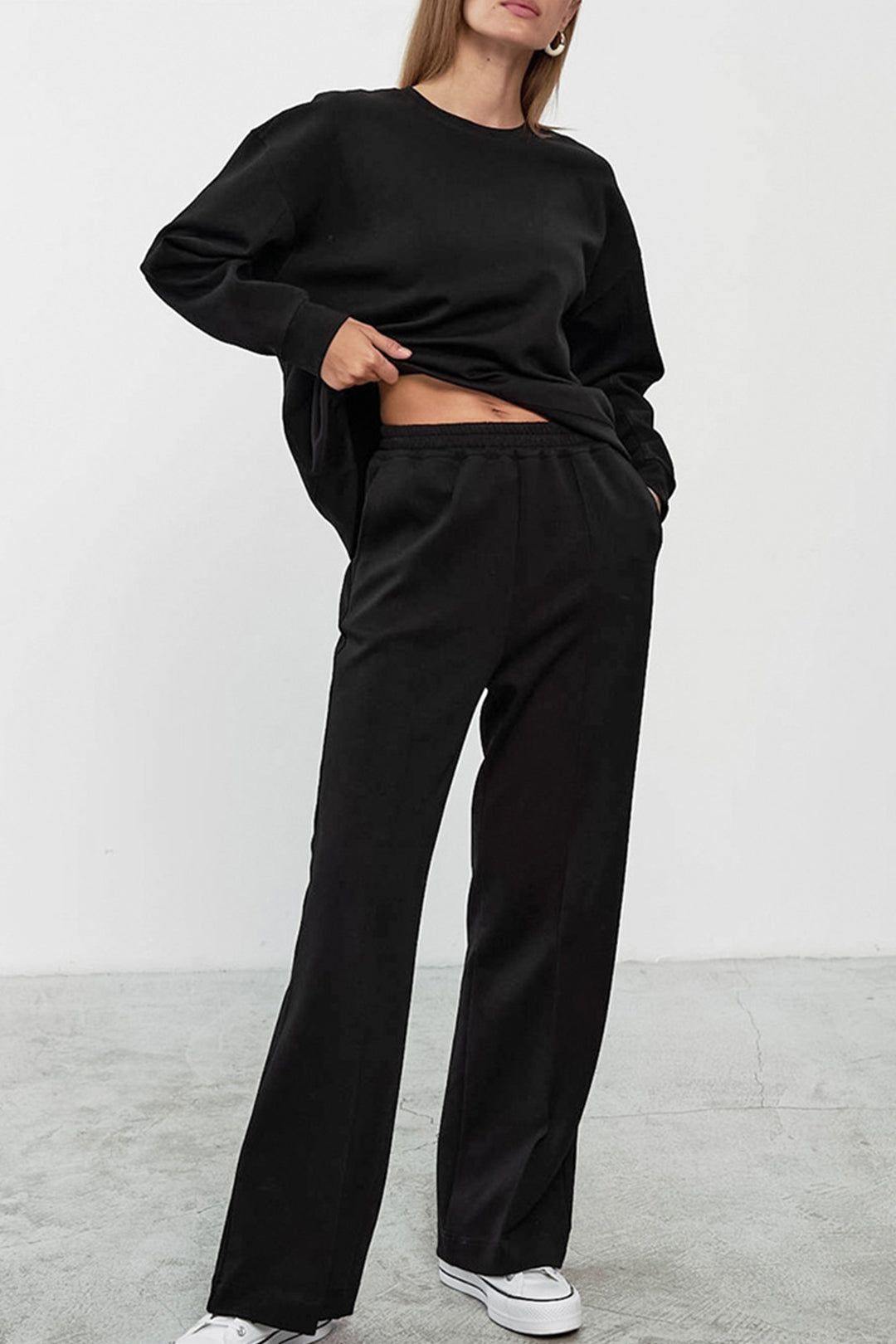 Solid Round Neck Sweatshirt And Elastic Waist Straight Leg Pants Set sold by Micas product image thumbnail 2