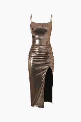 Metallic Ruched Slit Midi Dress sold by Micas