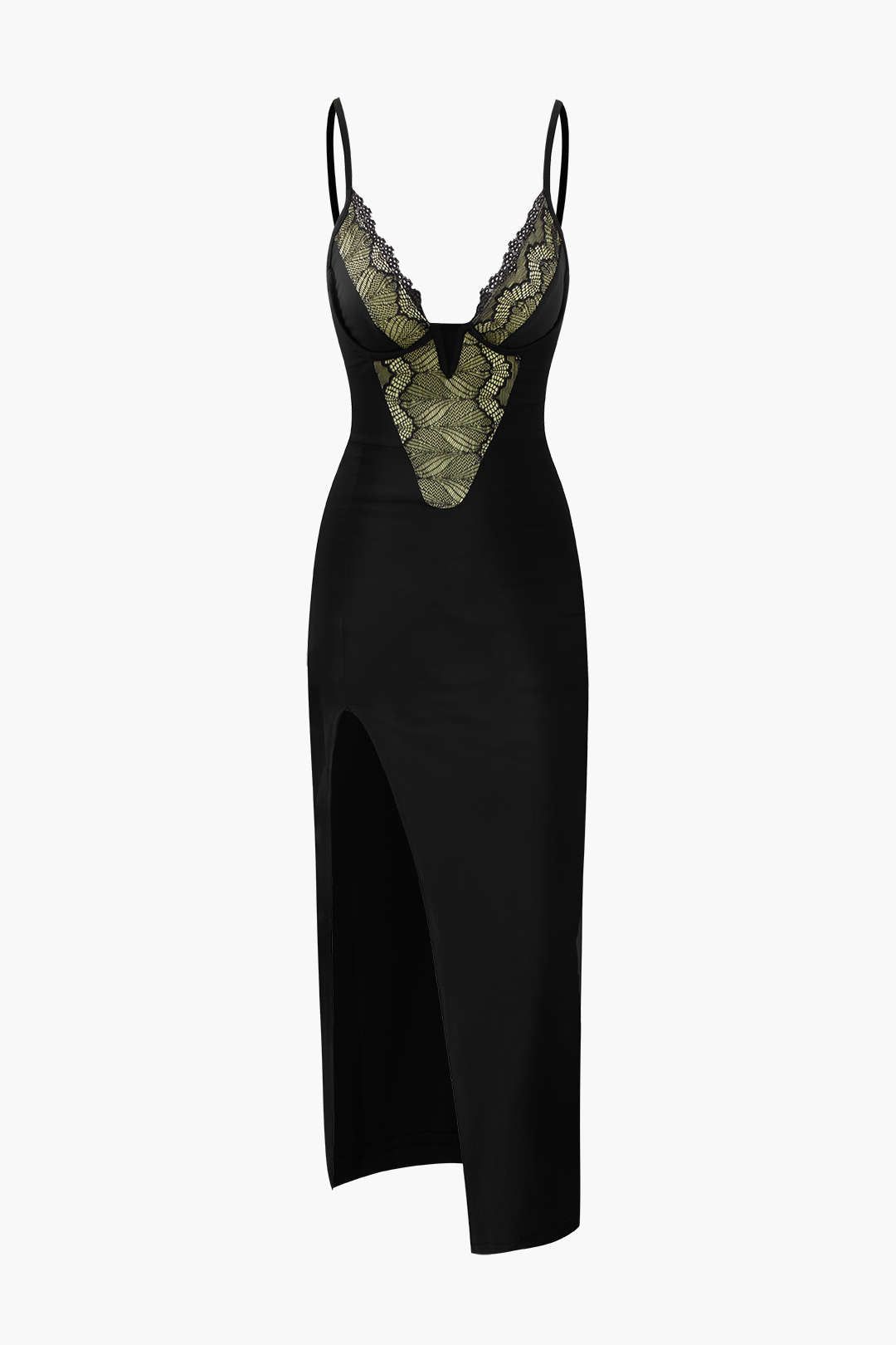 V-neck Lace Asymmetric Slit Midi Dress sold by Micas