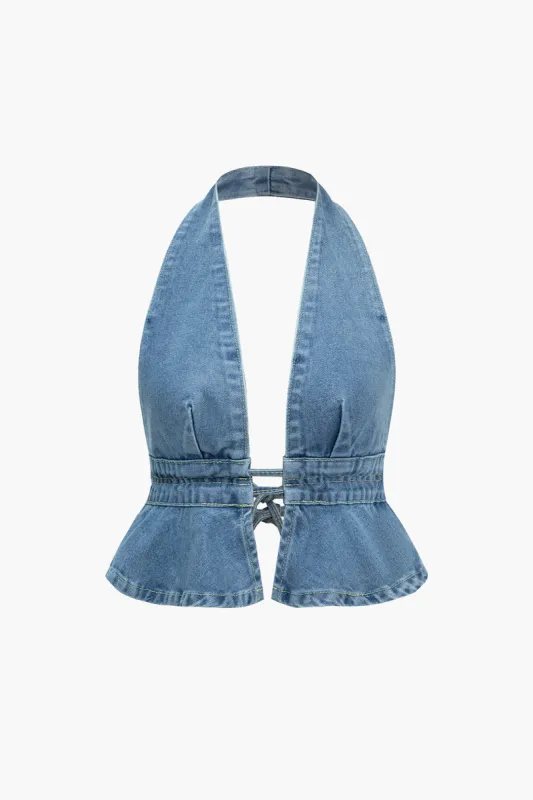 Solid Denim Tie-Up Backless Tank Top sold by Micas