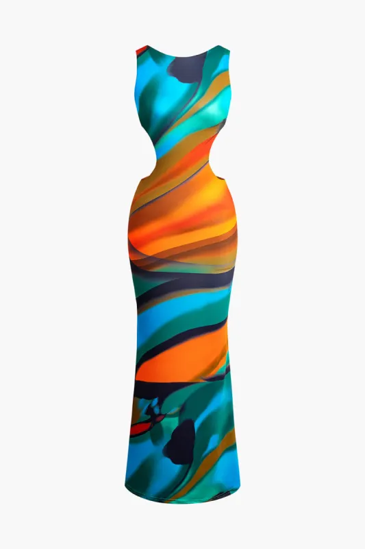 Vibrant Abstract Print Sleeveless Backless Maxi Dress made by Micas