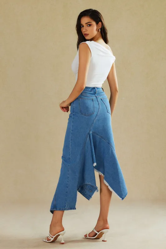 Frayed Asymmetrical Split Denim Midi Skirt sold by Micas