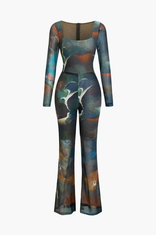 Abstract Print Long Sleeve Mesh Jumpsuit sold by Micas