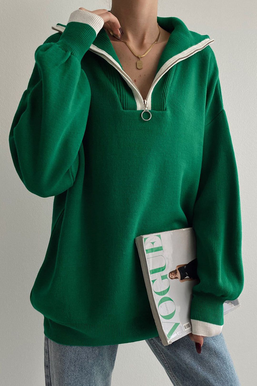 Contrast Stand Collar V-Neck Long Sleeve Knit Top sold by Micas