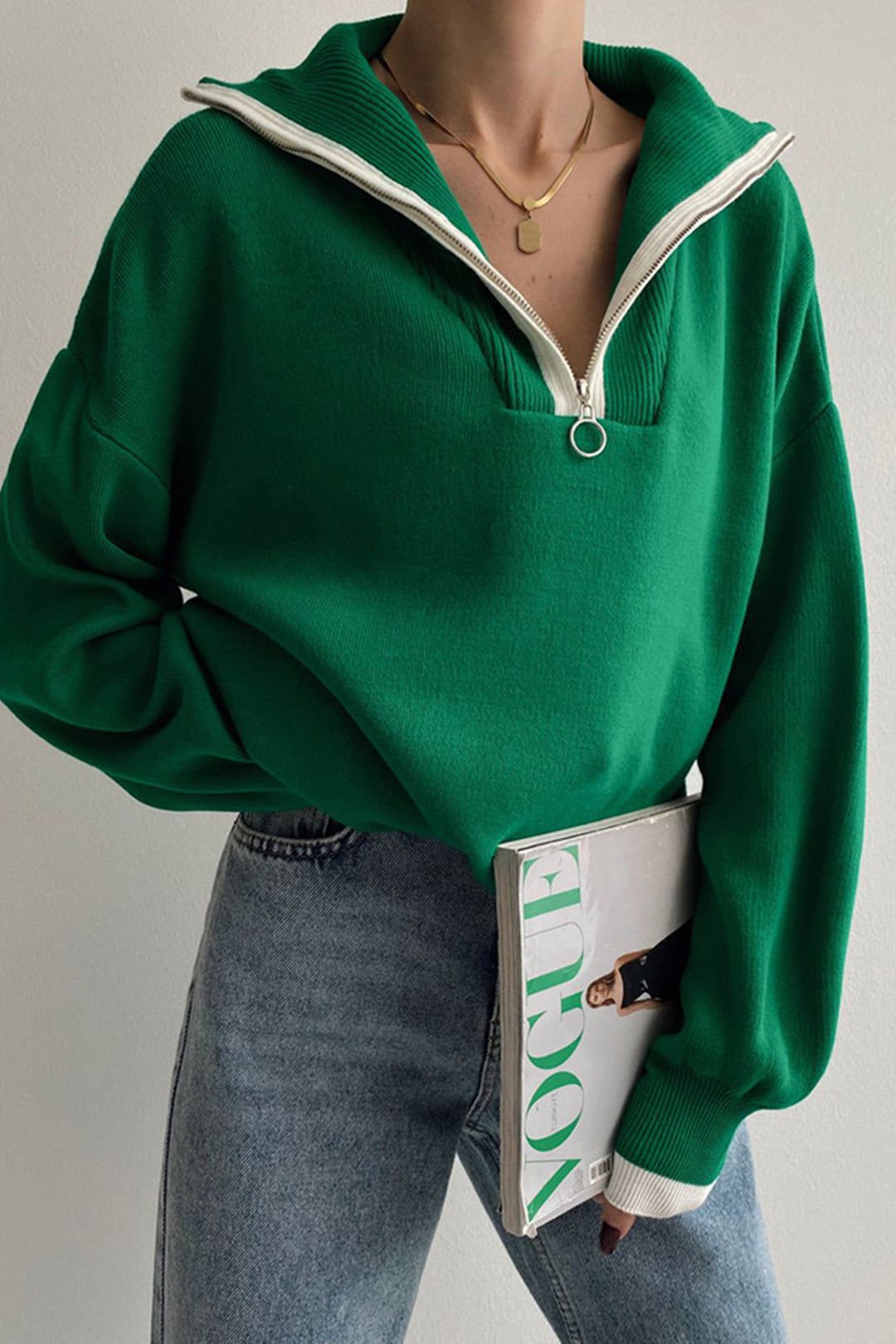 Contrast Stand Collar V-Neck Long Sleeve Knit Top sold by Micas product image thumbnail 3