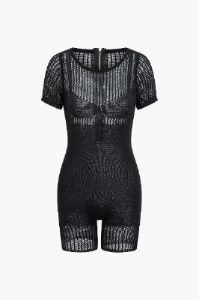 Hollow Out Knit Zip Up Short Sleeve Romper sold by Micas