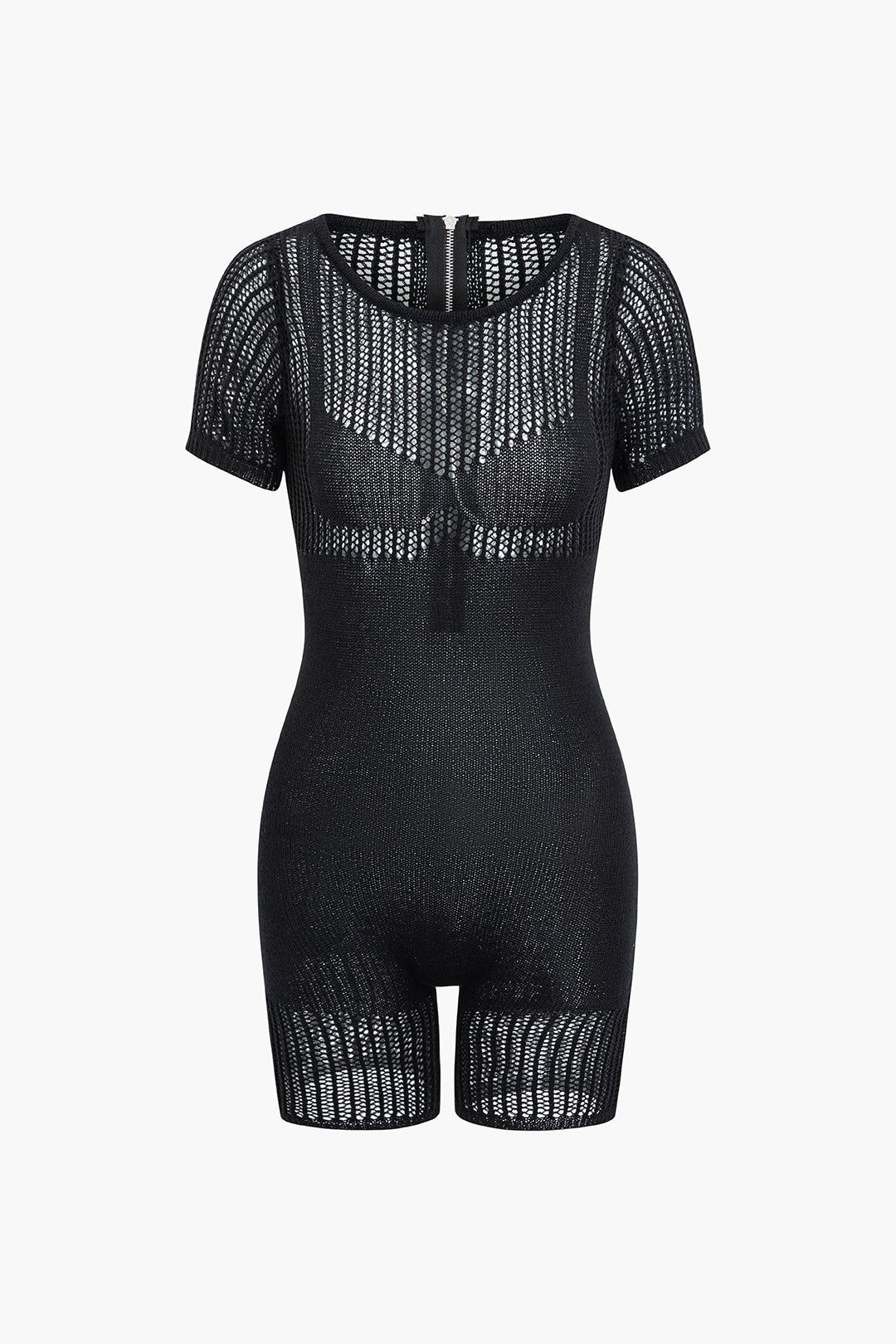 Hollow Out Knit Zip Up Short Sleeve Romper sold by Micas product image thumbnail 3