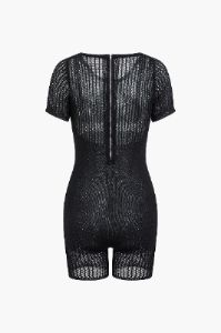 Hollow Out Knit Zip Up Short Sleeve Romper sold by Micas