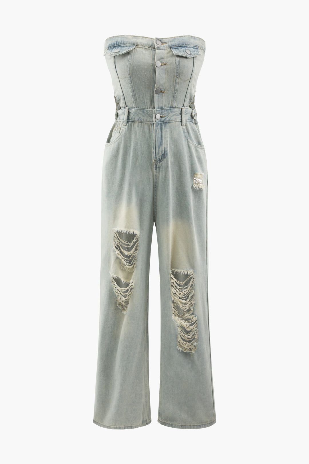 Faded Destroyed Denim Strapless Jumpsuit sold by Micas