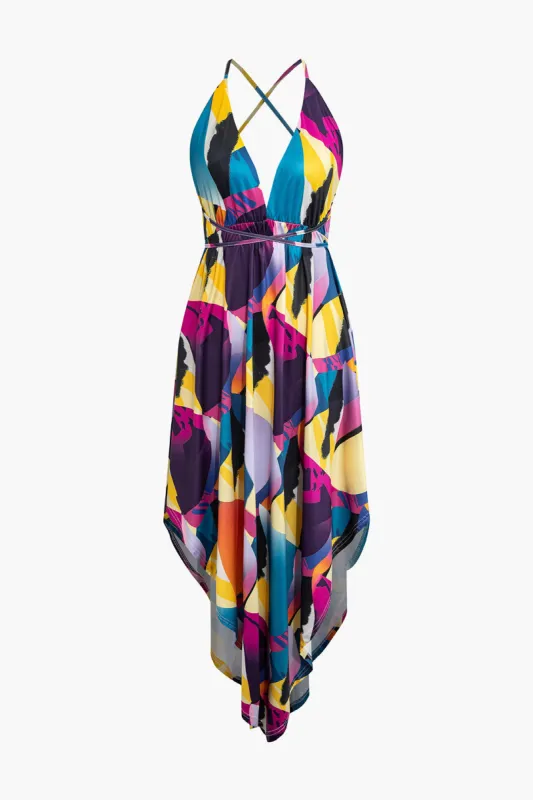 Geometrisk print crisscross rygfri V-hals maxi kjole sold by Micas