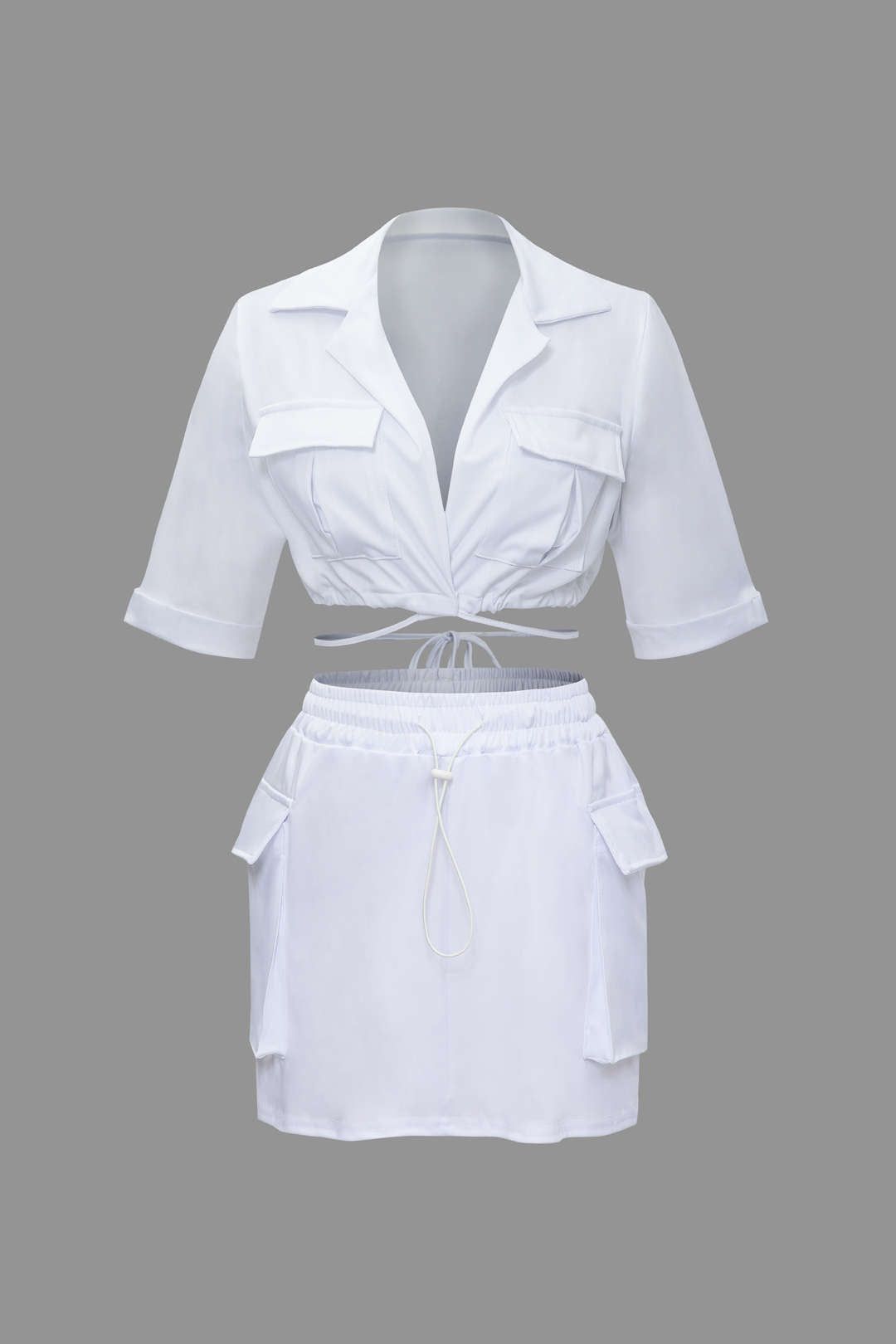 Flap Pocket Tie Back Crop Shirt And Elastic Waist Cargo Mini Skirt Set sold by Micas
