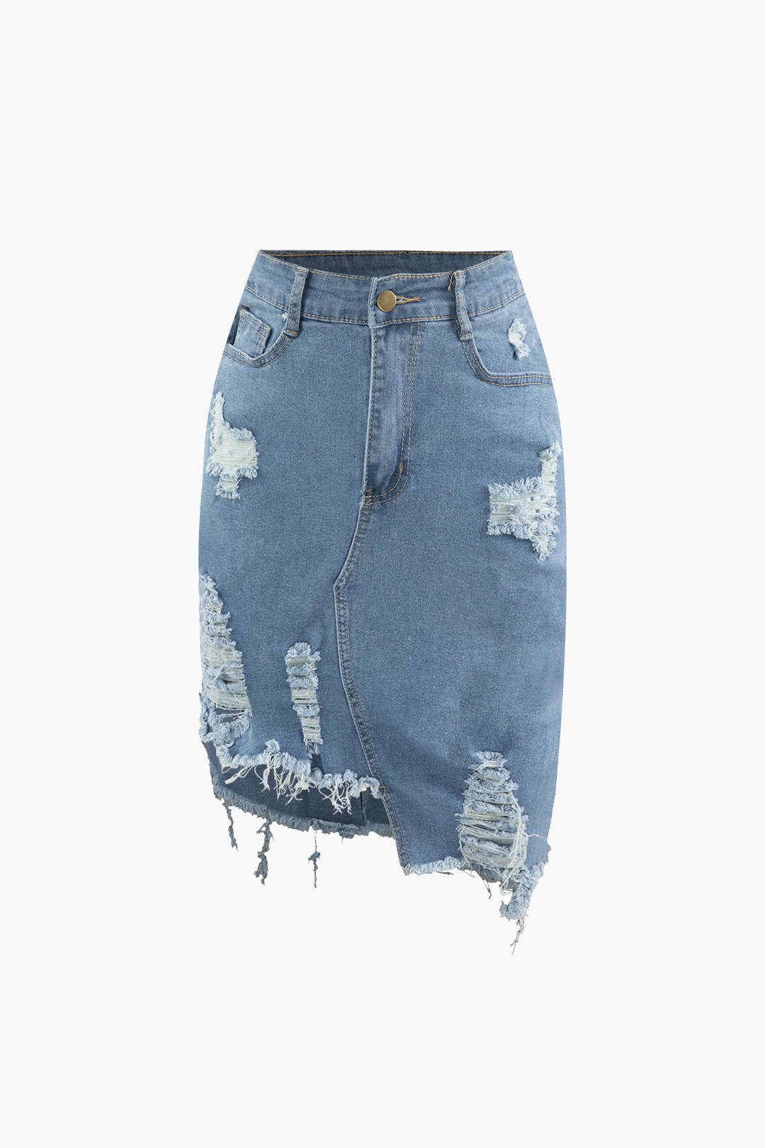 Asymmetric Distressed Frayed Denim Skirt sold by Micas