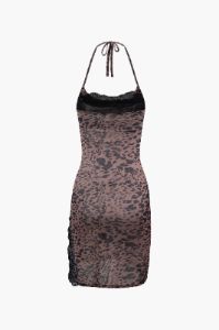 Leopard Print Lace Trim Mesh Halter Mini Dress sold by Micas