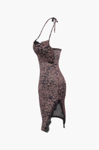 Leopard Print Lace Trim Mesh Halter Mini Dress sold by Micas