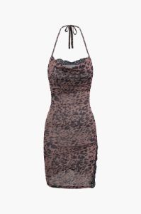 Leopard Print Lace Trim Mesh Halter Mini Dress sold by Micas
