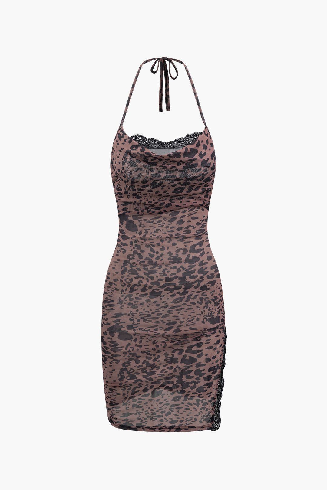 Leopard Print Lace Trim Mesh Halter Mini Dress sold by Micas
