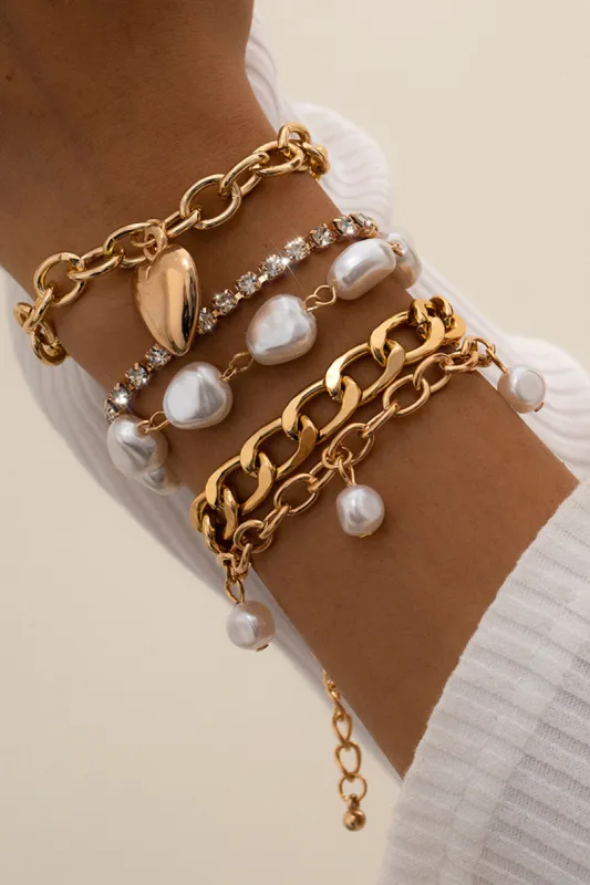 Metal Chain and Pearl Layered Bracelet Set sold by Micas